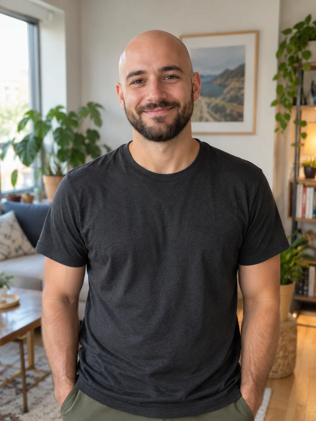 AI-generated portrait of a man with a shaved head and short dark beard