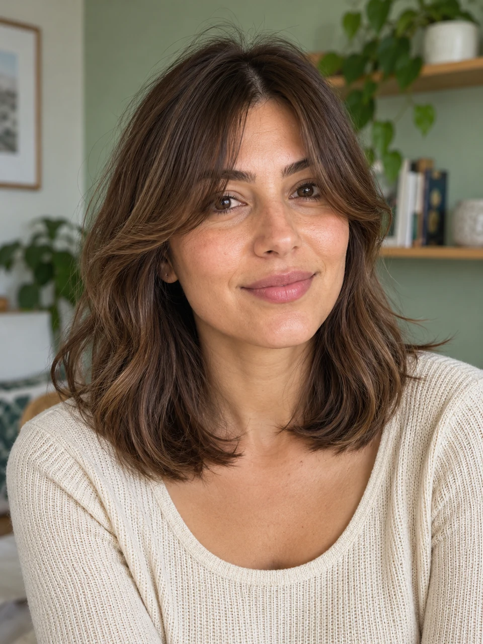 Portrait généré par IA d'une femme brune avec une frange rideau souple et une raie au milieu
