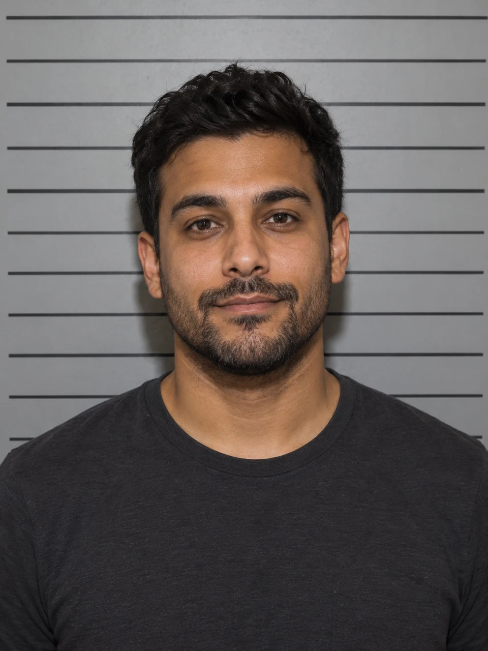 AI-generated fictional booking-style portrait of a man against a gray height-chart background